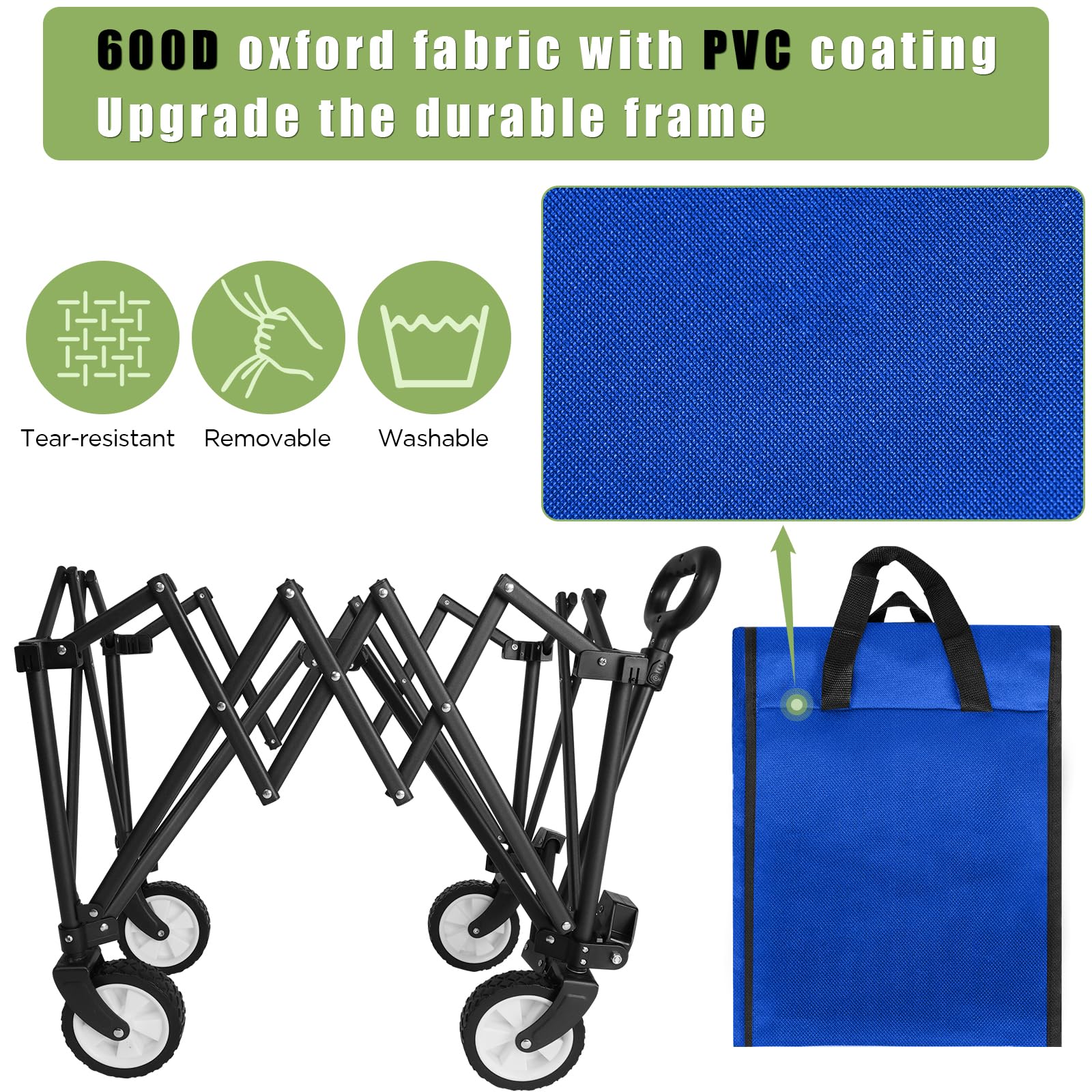 HOFTME Folding Trolley With Wheels,Folding Wagon 100L Capacity All Terrain Wheels with Adjustable Handle & Cover Bag, Picnic Transporter for Holiday