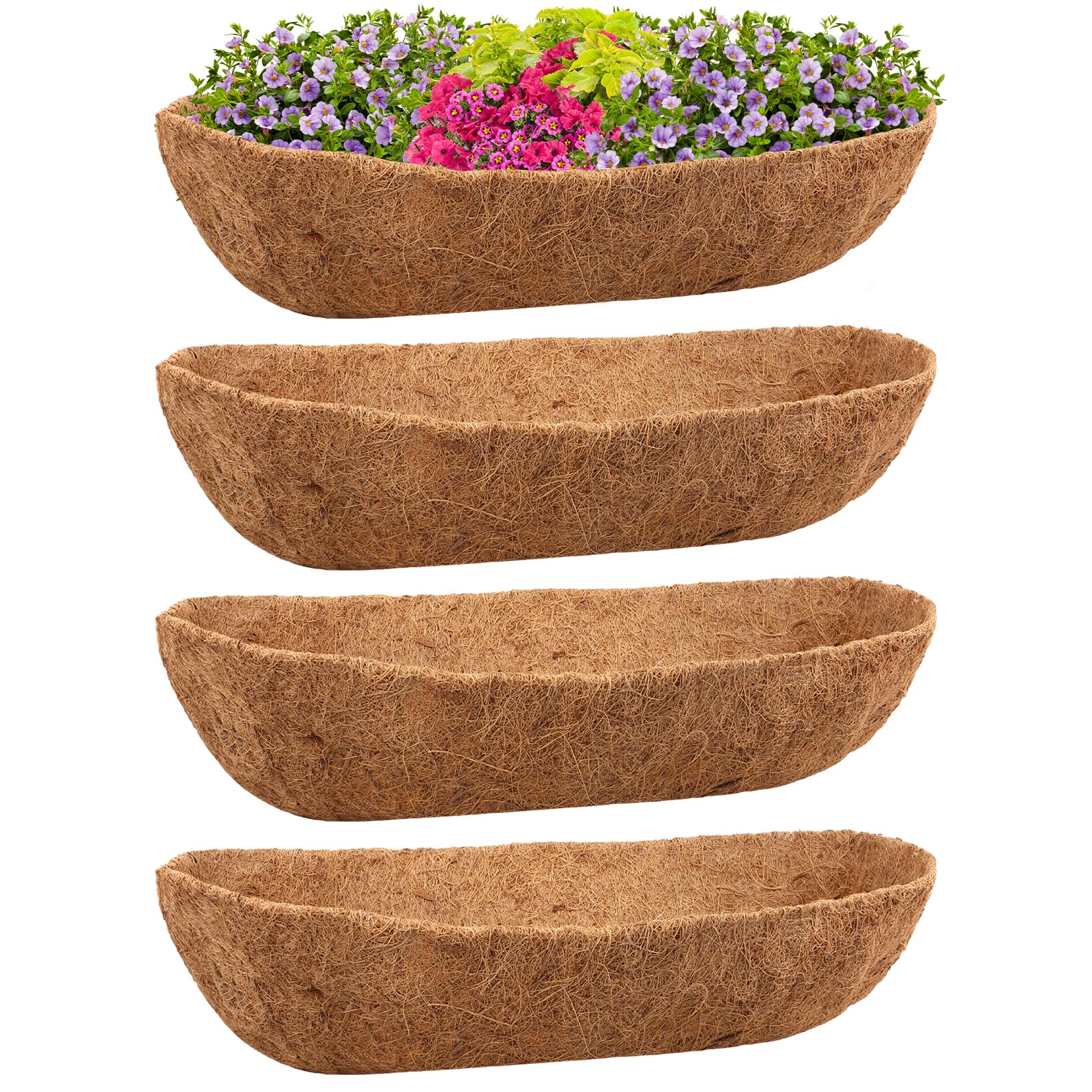 Riare 4Pcs Trough Coco Coir Liners 30Inch Coconut Coir Hanging Basket Liner for Planters Natural Coco Fiber Window Box Liners for Wall Planter, Window