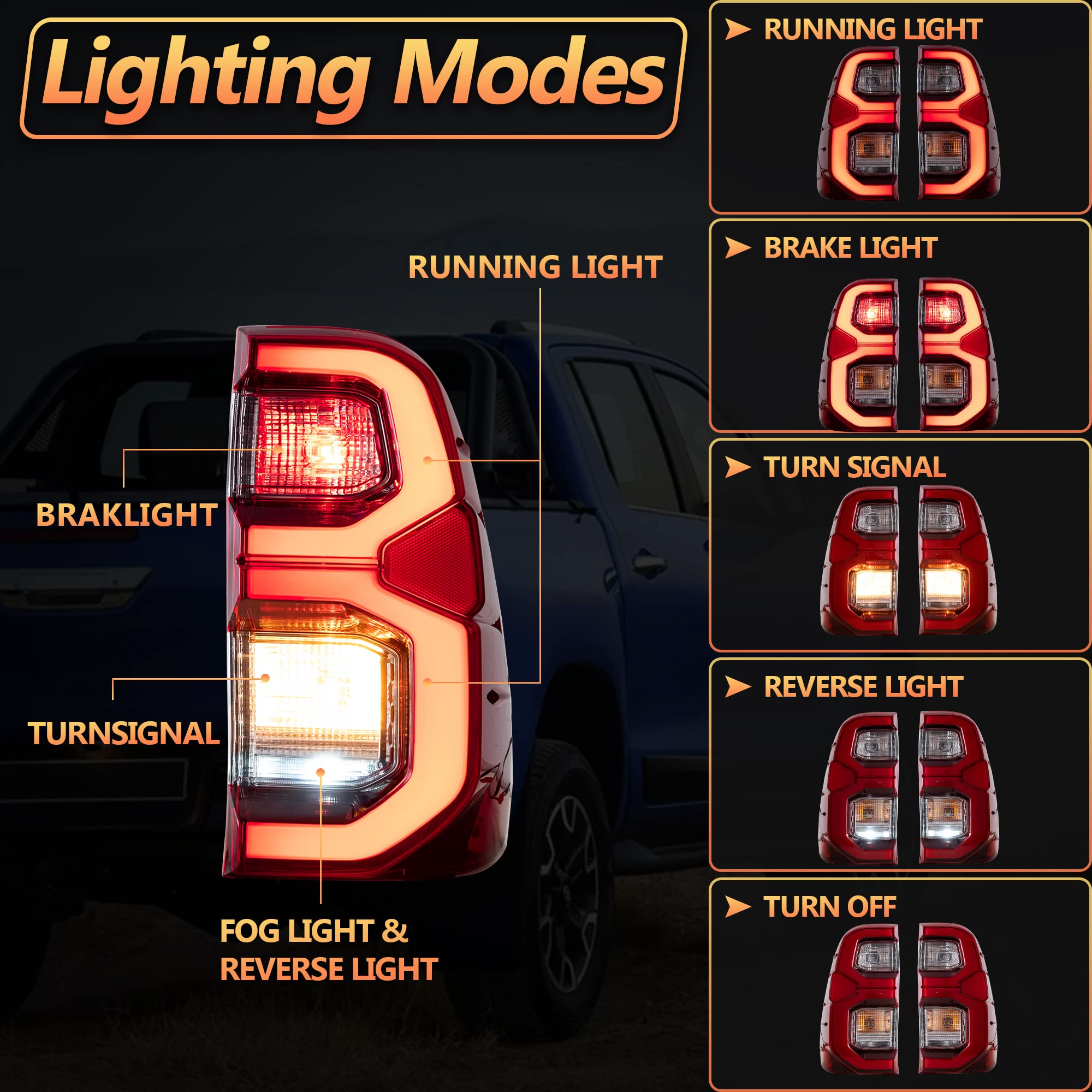 VLAND LED Rear Lights compatible with Hilux Vigo Revo Pickup 2015-2020 [Not fit a Tonka], w/Amber Sequential indicator, Driver & Passenger Side - Red