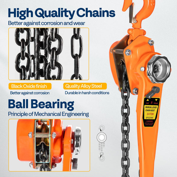 SPECSTAR Hand Chain Hoist 1250kg Capacity 3m with 2 Heavy Duty Hooks Manual Chain Fall for Warehouse Building Automotive Machinery