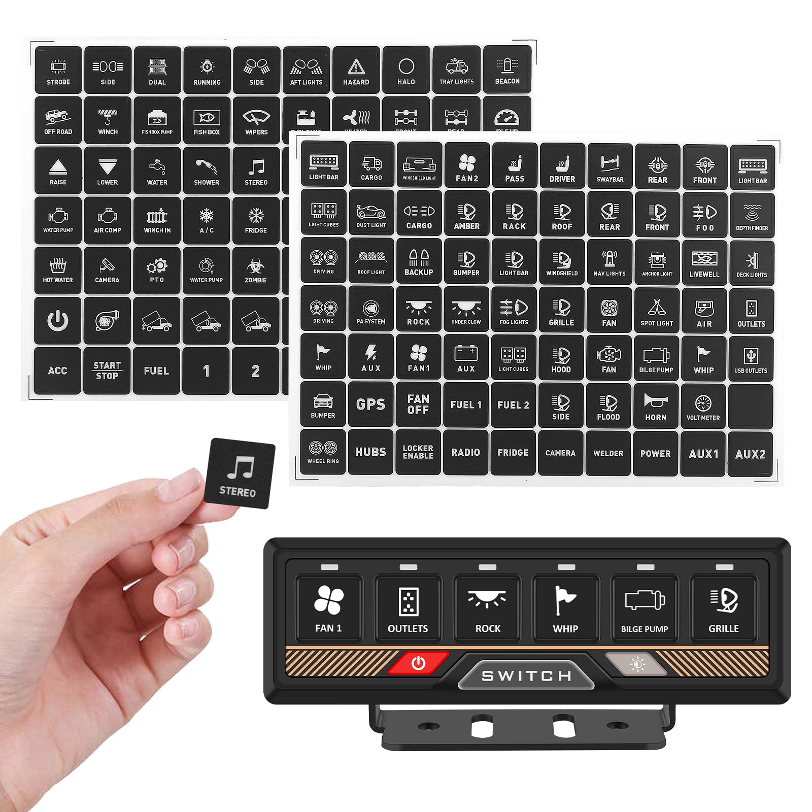 Chelhead 140PCS Vehicle Switch Panel Stickers for P2-6/8/12 Gang Switch Panel Universal Waterproof Multi-Function Button Control Rocker Labels Compatible with Car Dashboard, Boat, RV, Truck