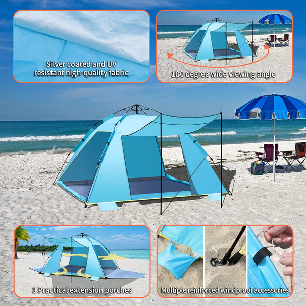 4-5 Person Instant Pop Up Automatic Beach Tent, Extra Large Portable Ventilated Automatic Beach Sun Shelter Tent, UPF 50+ Easy Setup Beach Tent for Picnic,Beach,Garden