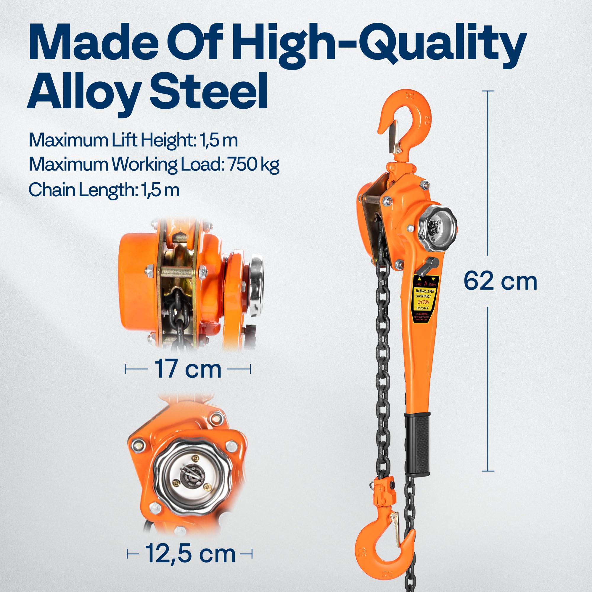SPECSTAR Hand Chain Hoist 1250kg Capacity 3m with 2 Heavy Duty Hooks Manual Chain Fall for Warehouse Building Automotive Machinery