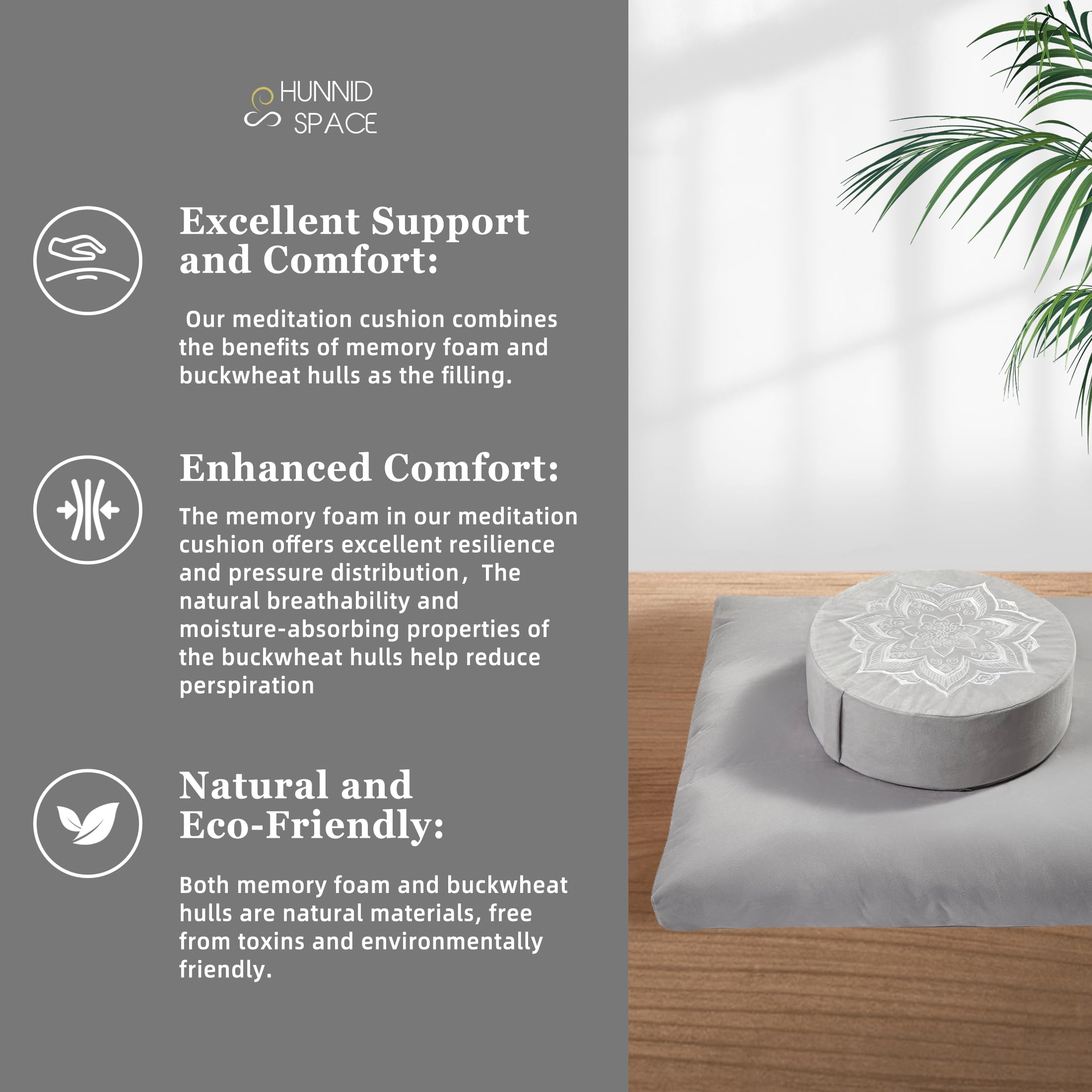 hunnidspace Meditation Cushion with Washable Premium Velvet Cover,100% Memory Foam Square Floor Cushion and Buckwheat Cushion Seating for Adults and