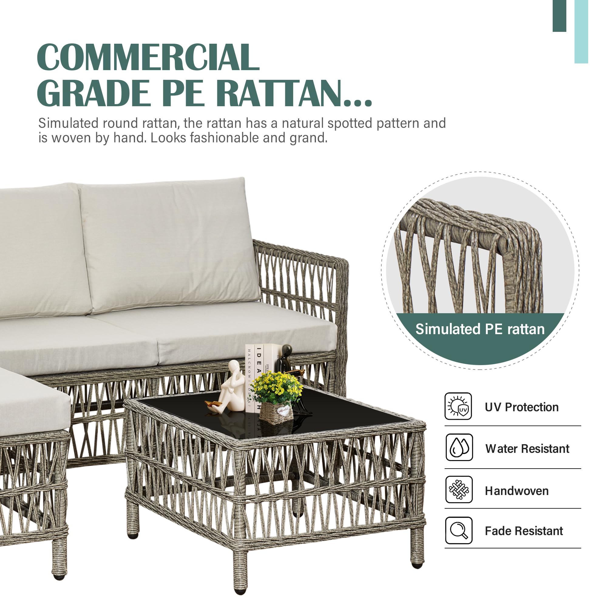 AOUXIN 3 Pieces Rattan garden furniture Patio Furniture Sets All Weather Outdoor Sectional Patio Sofa Manual Weaving Wicker Rattan Corner Sofa with Grey Cushions and Glass Table