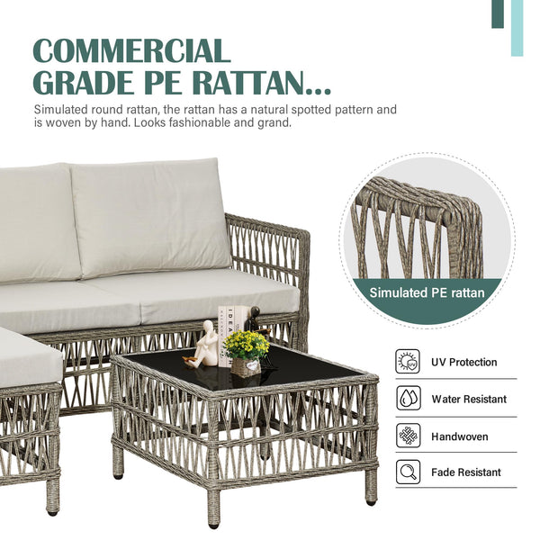 AOUXIN 3 Pieces Rattan garden furniture Patio Furniture Sets All Weather Outdoor Sectional Patio Sofa Manual Weaving Wicker Rattan Corner Sofa with Grey Cushions and Glass Table