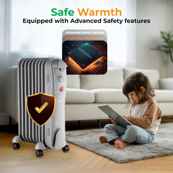 Schallen 1500W 7 Fin Portable Electric Slim Oil Filled Radiator Heater with Adjustable Temperature Thermostat, 3 Heat Settings & Safety Cut Off | 1.5Kw GREY