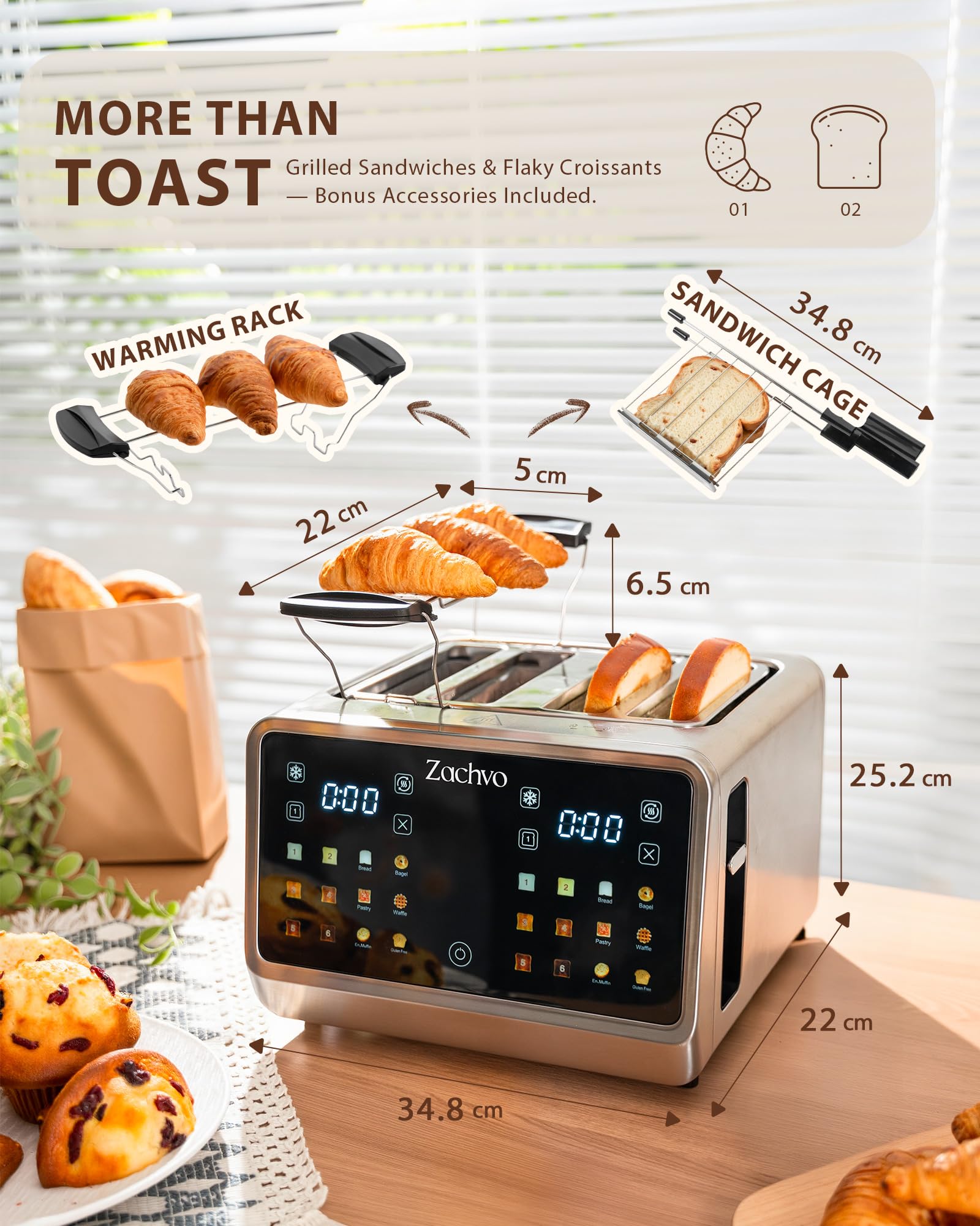 ZACHVO Toaster 4 Slice with Independent Dual Controls & Extra-Wide 1.45" Slots – Smart Touchscreen Toasters with 6 Browning Levels, Auto Shutoff, Defrost & Reheat, Sandwich Clip & Warming Rack