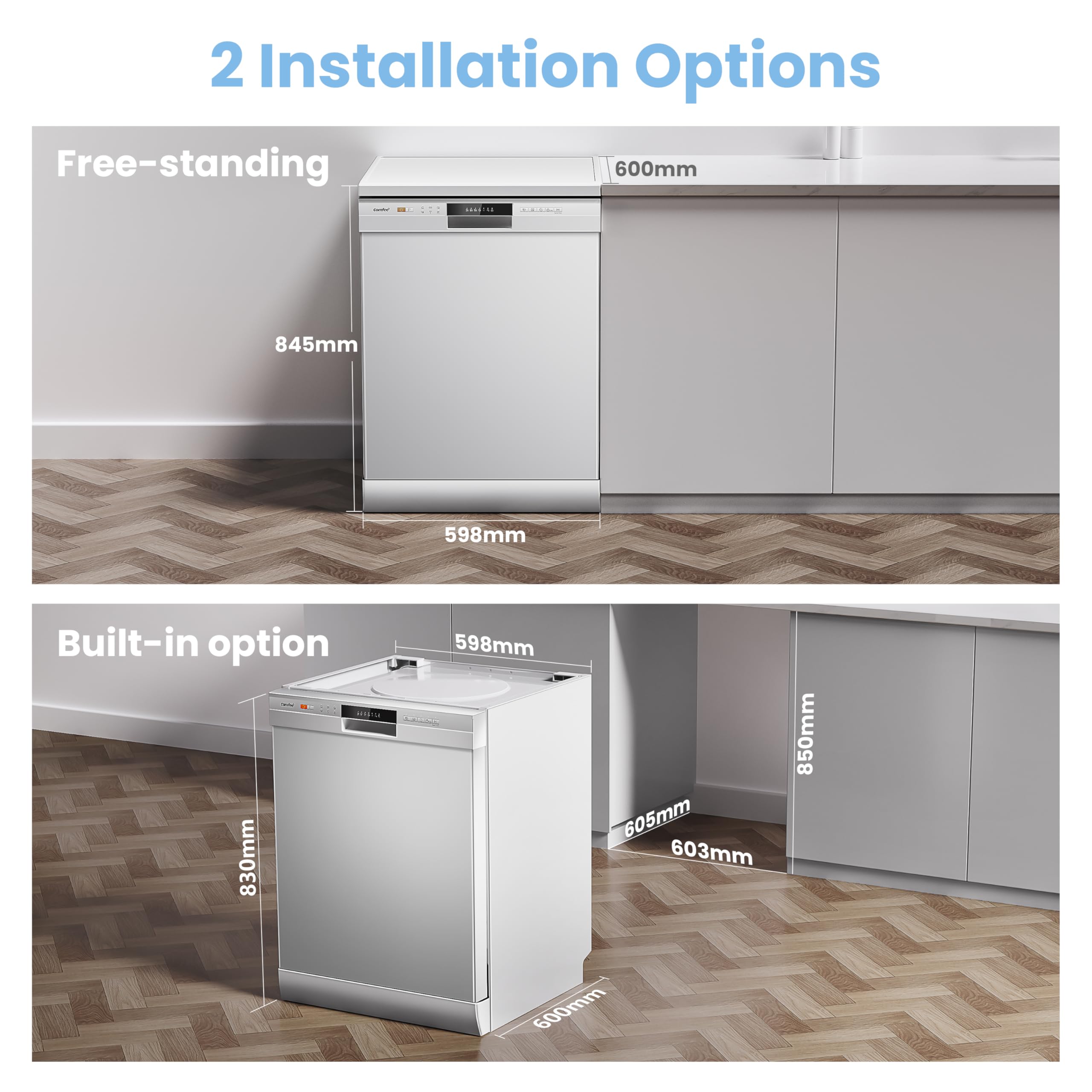 COMFEE' Freestanding Dishwasher CDWEF1034BW-UK 45cm Width, Slimline Dishwasher with 10 place settings, Quick Wash, Hygiene Wash, Delay Start, Half Load, Adjustable Basket - White