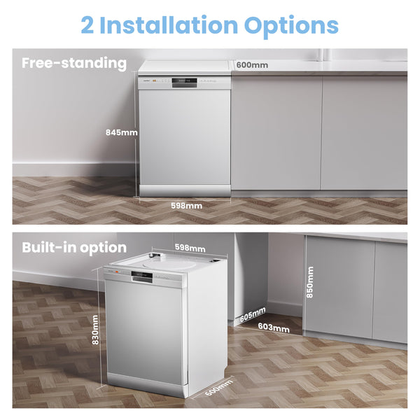 COMFEE' Freestanding Dishwasher FD1435E-X with 14 place settings, Full Size, Whisper Quiet 44dB, Wide LED Display, Delay Start, Half Load Function, Flexible Racks, Stainless Steel