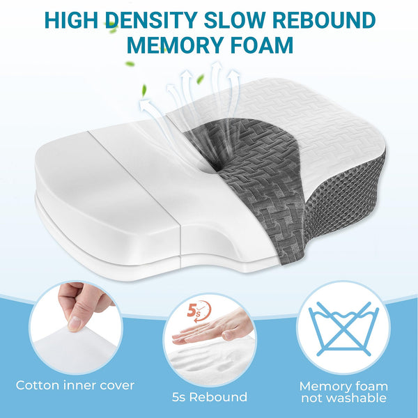 Elviros Cervical Memory Foam Neck Pillow for Side Sleeping, Orthopedic Pillows for Back and Stomach Sleepers, Adjustable Ergonomic Bed Pillow Pain Relief (White)
