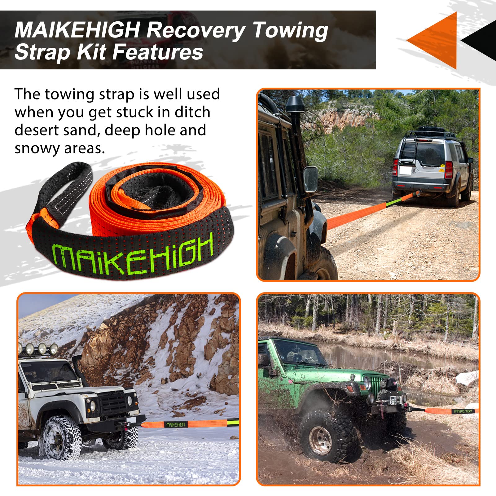 MAIKEHIGH Towing Rope 15 Ton (33,700 Lbs), 6M x 7.6cm Off-Road Recovery Tow Strap with 2 Gloves for Car, Truck, SUV, Snow (Green)