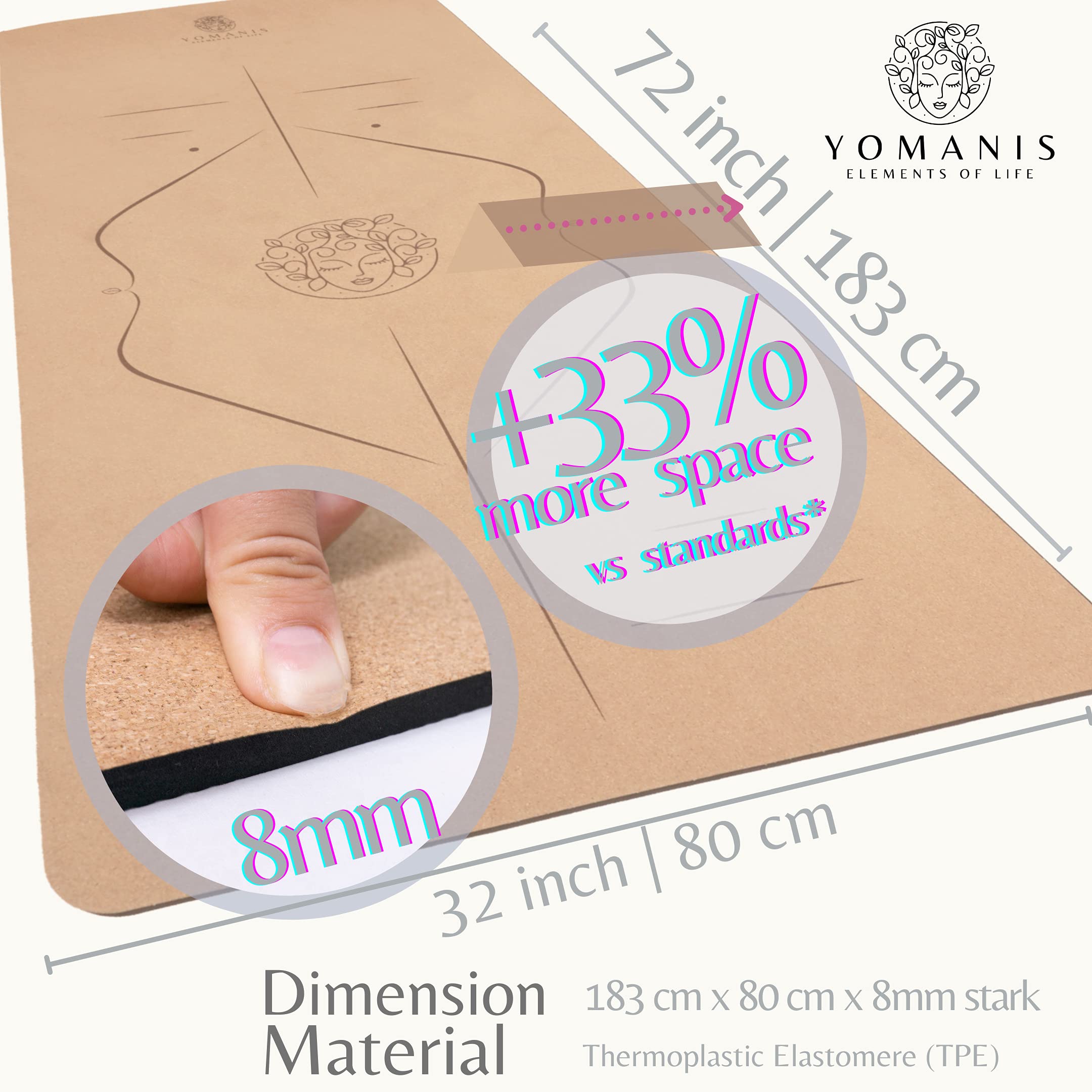 YOMANIS XXLux Cork Yoga Mat Extra 80 cm Wide + 8 mm Thick Non-Slip Good Grip Cork Workout Premium Mat + Cotton Yoga Strap Can also be Used as a Carry