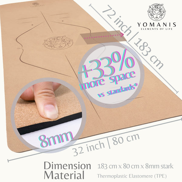 YOMANIS XXLux Cork Yoga Mat Extra 80 cm Wide + 8 mm Thick Non-Slip Good Grip Cork Workout Premium Mat + Cotton Yoga Strap Can also be Used as a Carry