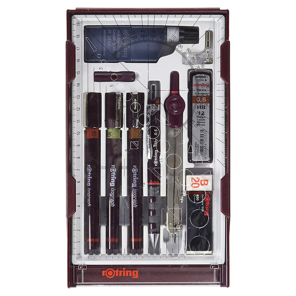 rOtring Isograph Pen Set Technical Pen & Pencil College Set | 3 Pens (0.20mm0.30mm0.50mm) and Mechanical Pencil (0.5mm) + Accessories