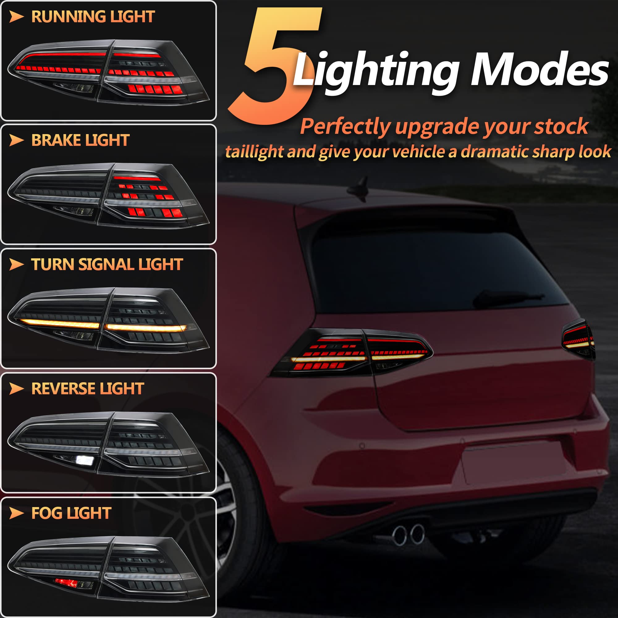 VLAND LED Rear Lights compatible with Golf MK7 Golf MK7.5 Hatchback 2012-2020 [Not fit MK7.5 GTI & R], w/Sequential indicator, Driver & Passenger Side - Red