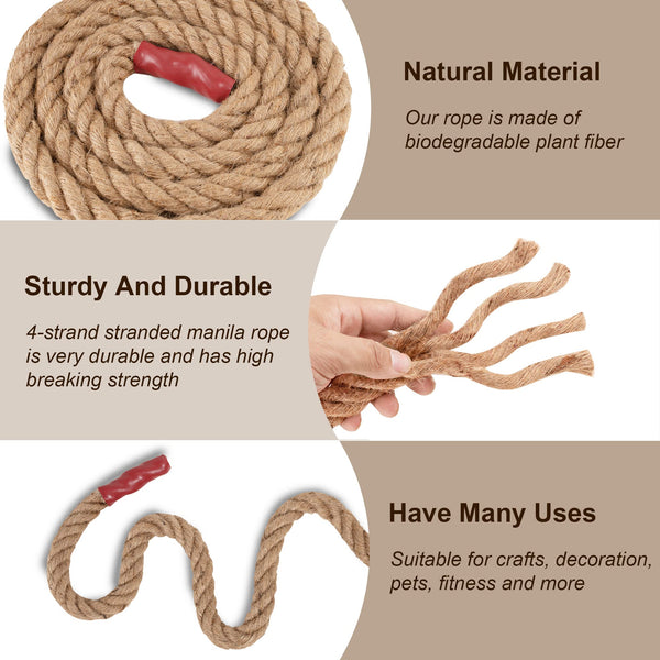 EMEKIAN 20mm Natural Thick Jute Rope, 30M Twisted 4 Strand Fiber Hemp Rope, Strong Jute Twine String for Gardening, Craft, Bundling, Camping,