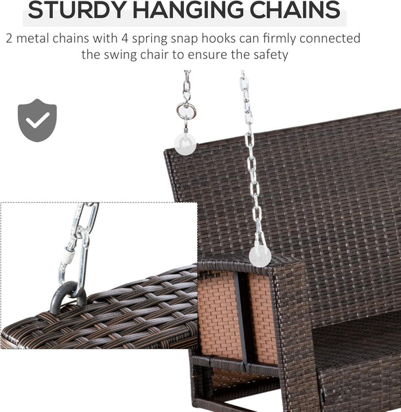 Outsunny 2 Seater Rattan Garden Swing Chair, Porch Swing Bench Loveseat with Cushion, Wicker Outdoor Hanging Swinging Seat with 2 Metal Chains, 250 KG Capacity for Patio, Balcony, Cream White