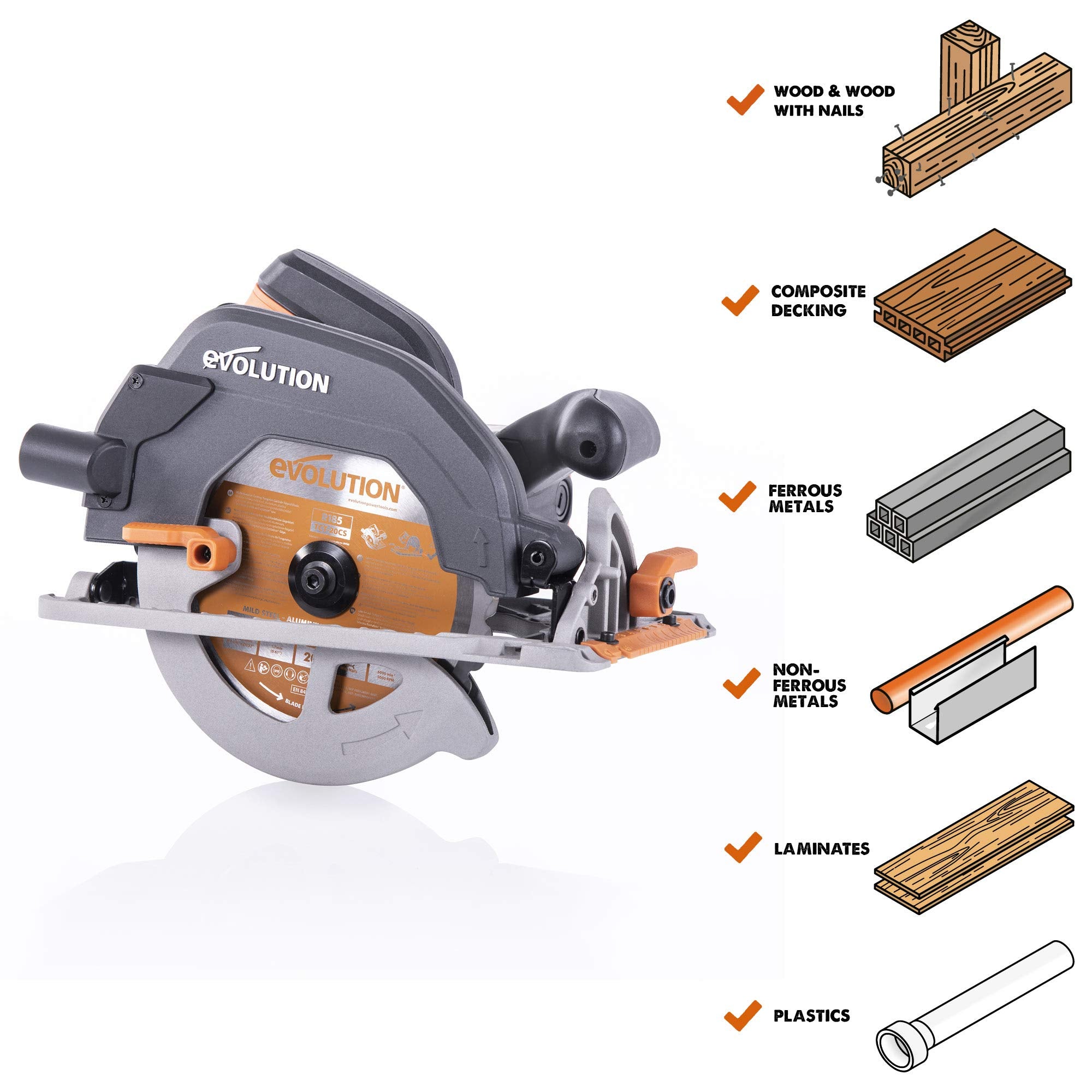 Evolution Power Tools R185CCSX Circular Saw With 1020 mm 3-Piece Track | Multi-Material Blade, Cuts Wood, Metal, Plastic & More | Incl Dust Port Adapter | 185mm (230v)