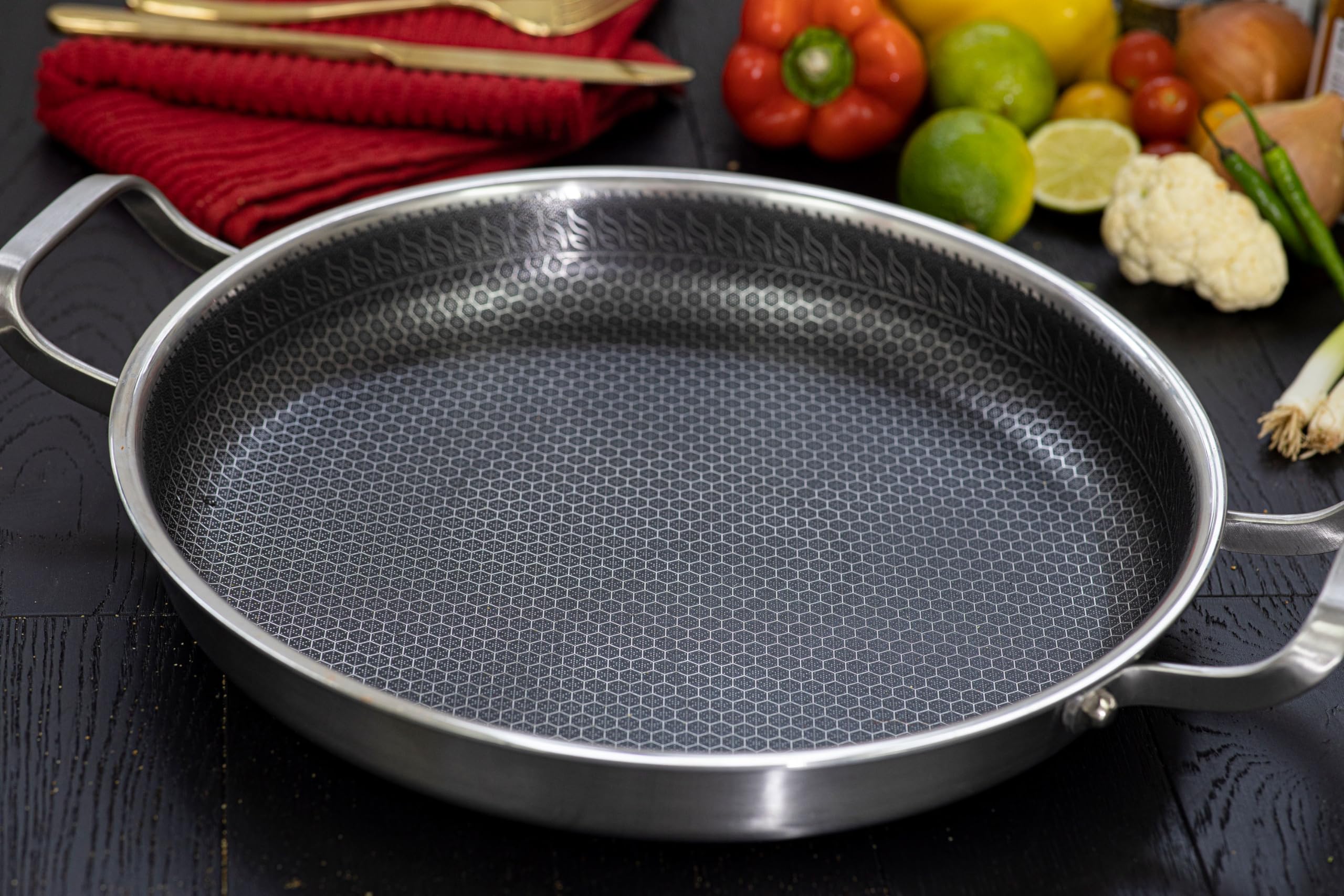 INTIGNIS Paella Pan or Frying Pan with Oven-Safe Lid - Sauting, Roasting, Broiling - 32cm Aluminium Stainless Steel Skillet - German GREBLON