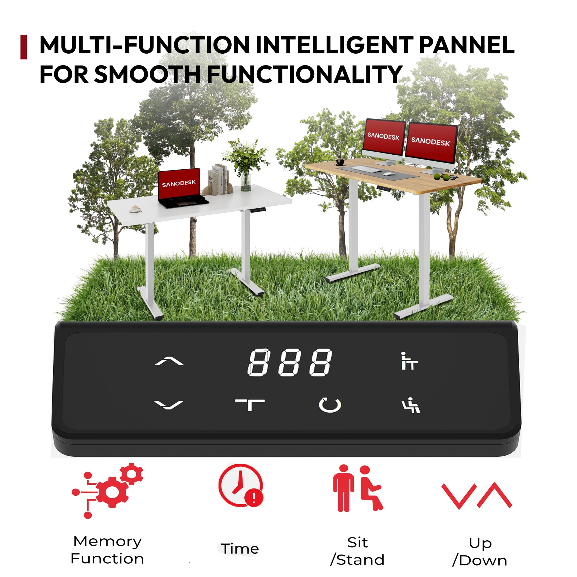 SANODESK QS1+140 * 60 Electric Standing Desk Height Adjustable Standing Desk With Memory Smart Panel Sit Stand Table With Hooks and Cupholder for Home Office （Black Frame+ Black Desktop）