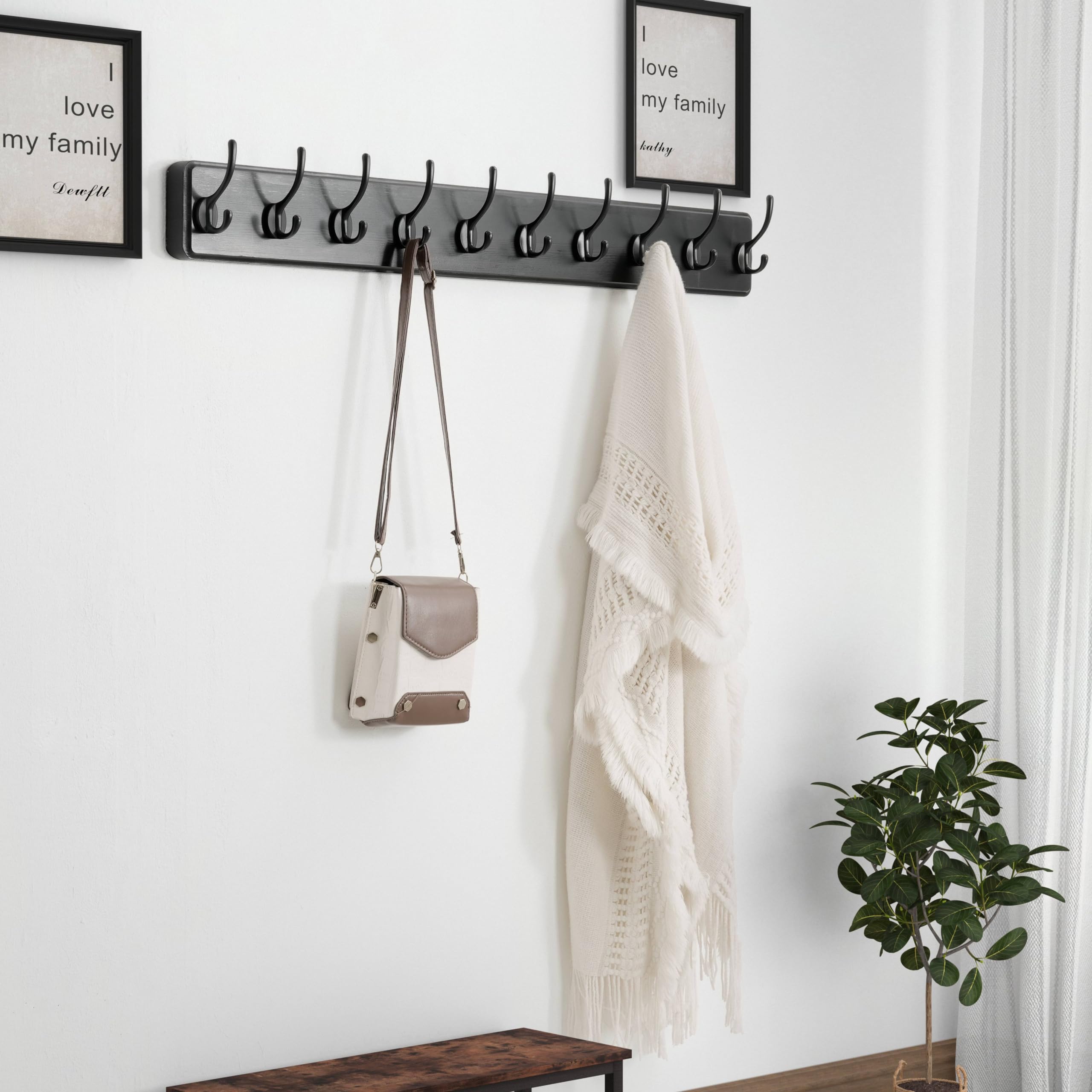 Dseap Coat Rack Wall: 97cm Long, Patented, Heavy-Duty, 10-Double-Hooks Wooden Wall Mounted Coat Rack Coat Hanger Hook Rail for Winter Coats Hat Jacket