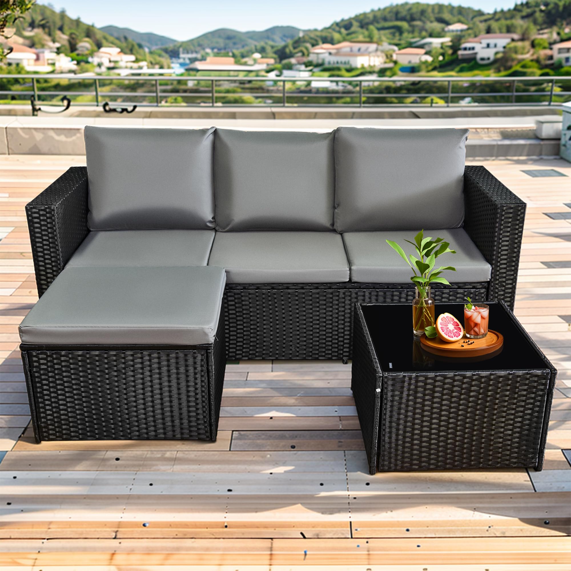 AOUXIN 3 Pieces Rattan garden furniture Patio Furniture Sets All Weather Outdoor Sectional Patio Sofa Manual Weaving Wicker Rattan Corner Sofa with Grey Cushions and Glass Table