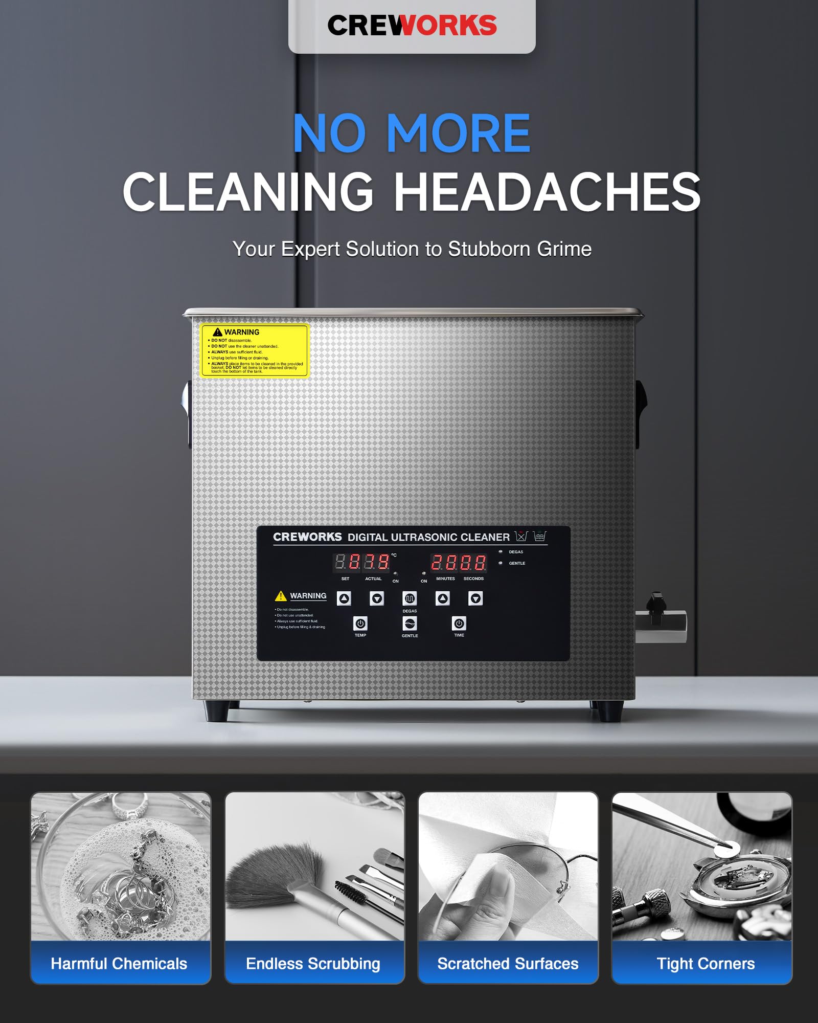 CREWORKS 6L Digital Ultrasonic Cleaner, 1.6 gal. Ultrasonic Cleaning Machine with Degas & Gentle Modes, 180W Professional Ultrasound Cleaner with 300W Heater and Timer for Glasses