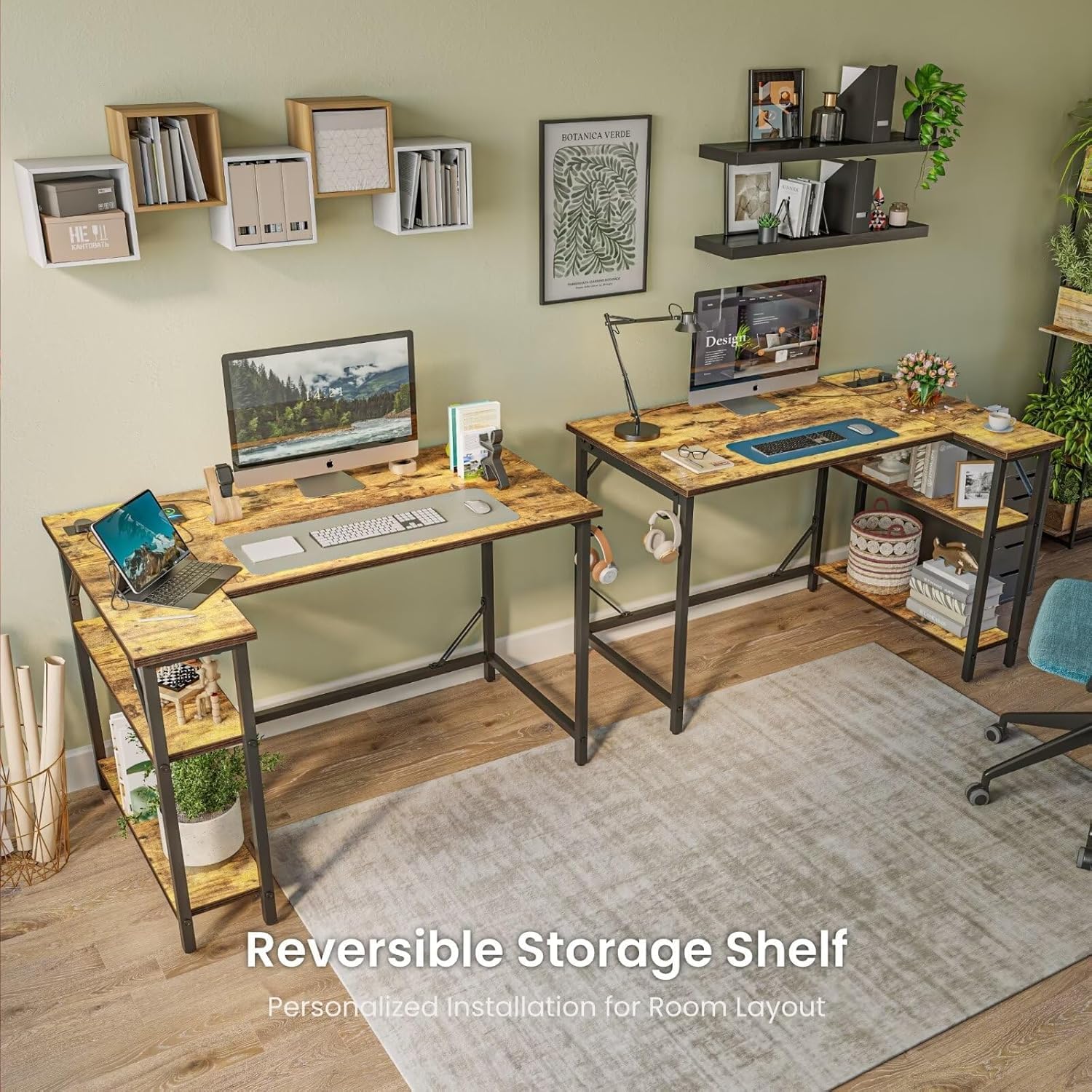 DOMSHOCT L Shaped Gaming Desk with Power Outlets, 140x70cm Corner Computer Desk with Large Reversible Shelves, Home Office Desk with Hooks for Writing