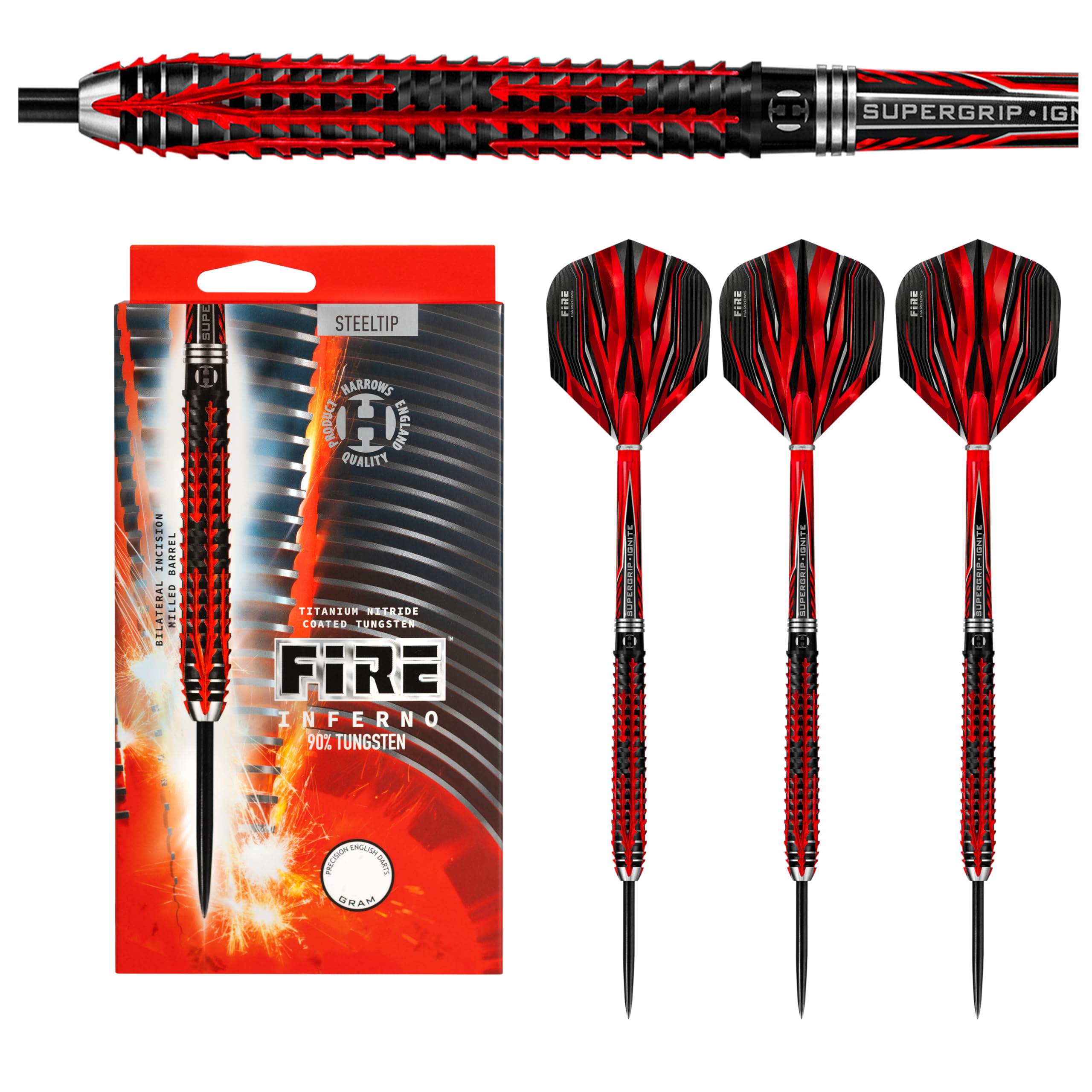 Harrows Fire Inferno 90% Tungsten Steel Tip Darts Set 22g, 23g & 24g- Includes Red Supergrip Ignite Shafts & stunning new 100 Micron Fire Flights