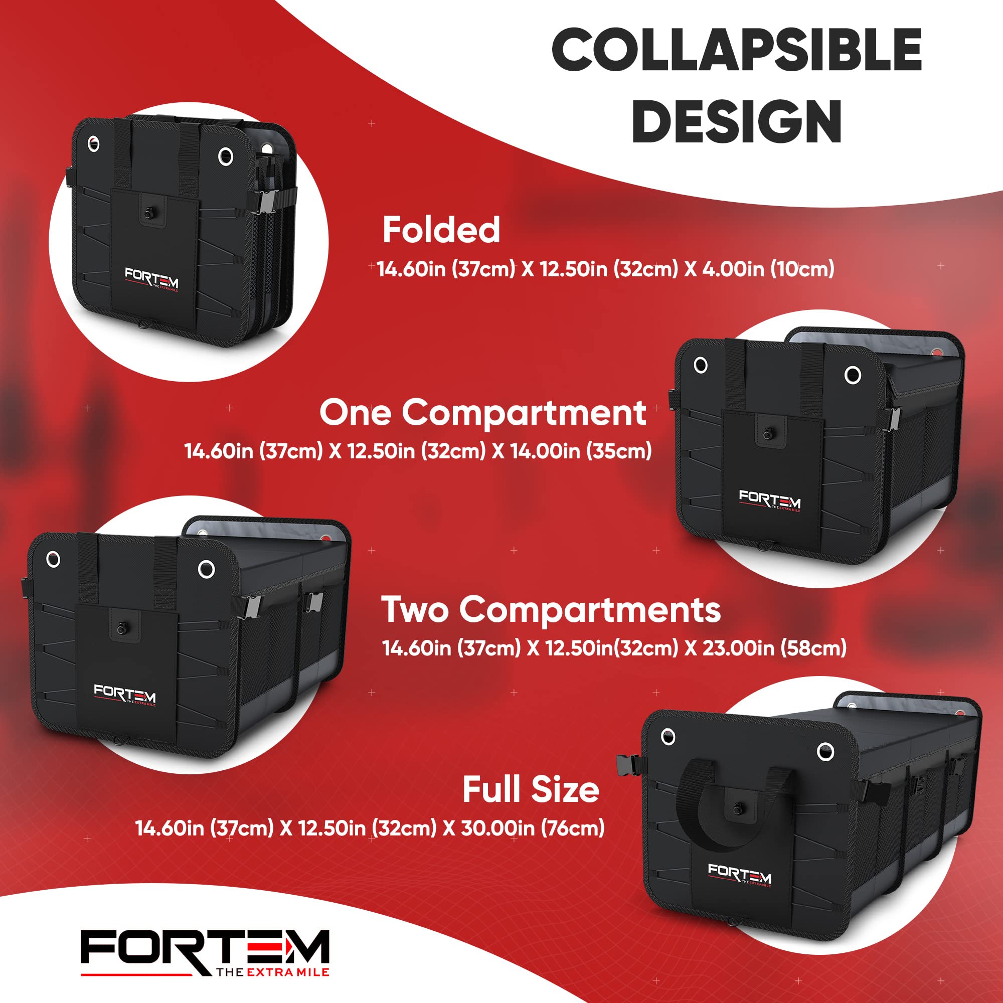 FORTEM Car Boot Organiser, SUV Boot Tidy, Trunk Storage, Collapsible Multi Compartment Car Organiser, Non Slip Bottom, Adjustable Securing Straps, Foldable Cover (65L)