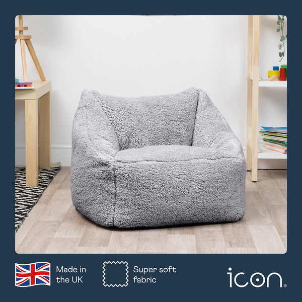 icon Kids Teddy Fleece Bean Bag Chair, Grey, Fluffy Kids Bean Bag Armchair with Filling Included for Girls and Boys, Childrens Chair, Nursery Dcor,