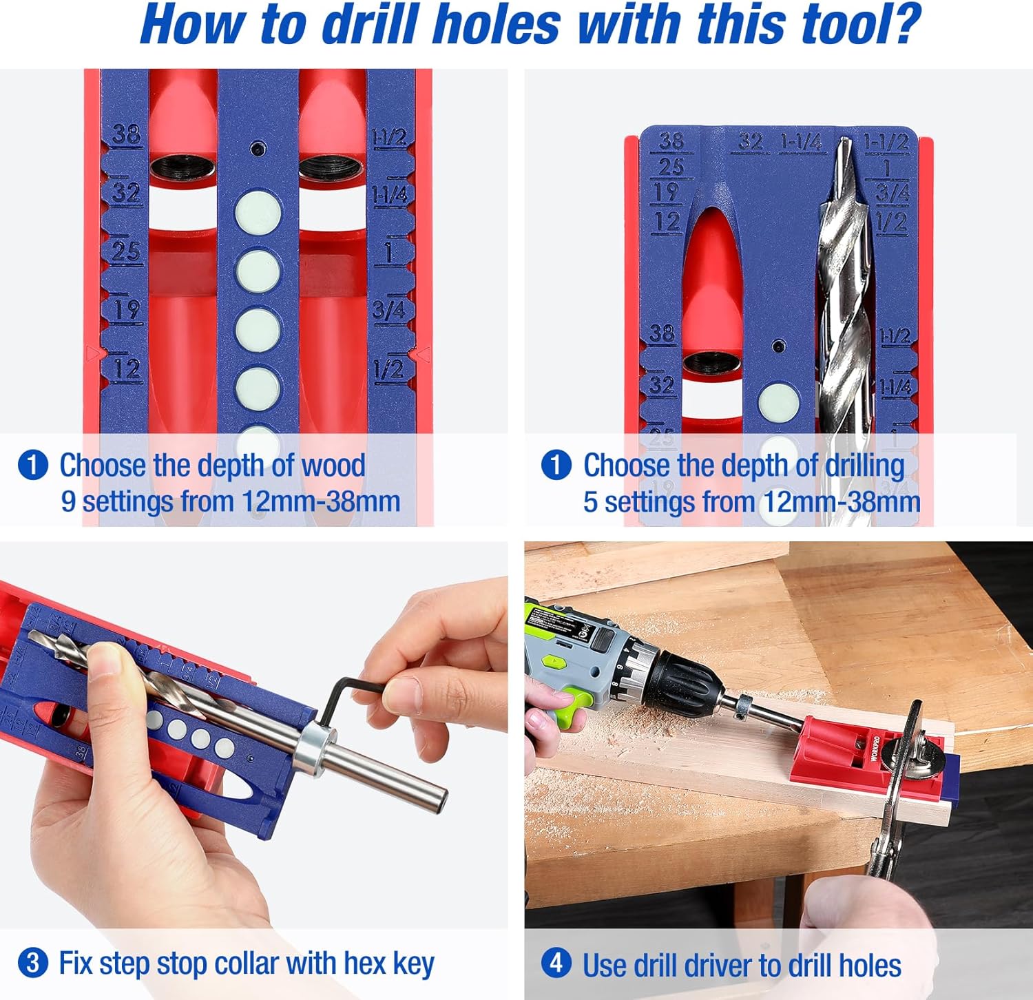 WORKPRO - Complete Pocket Hole Drilling Jig Kit - 125 Pieces - Jig Kit with 100 Self Tapping Screws and 20 Plugs - Woodworking Guide - Woodworking Oblique Hole Positioner