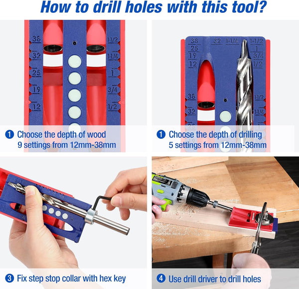 WORKPRO - Complete Pocket Hole Drilling Jig Kit - 125 Pieces - Jig Kit with 100 Self Tapping Screws and 20 Plugs - Woodworking Guide - Woodworking Oblique Hole Positioner