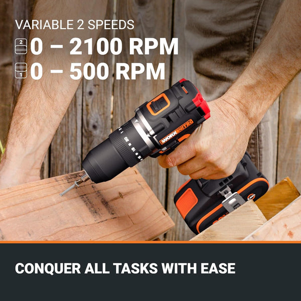 WORX WX355.1 20V 55Nm Cordless Brushless Combi Hammer Impact Drill with 2.0Ah Battery, Charger & Case (20 Torque Settings)