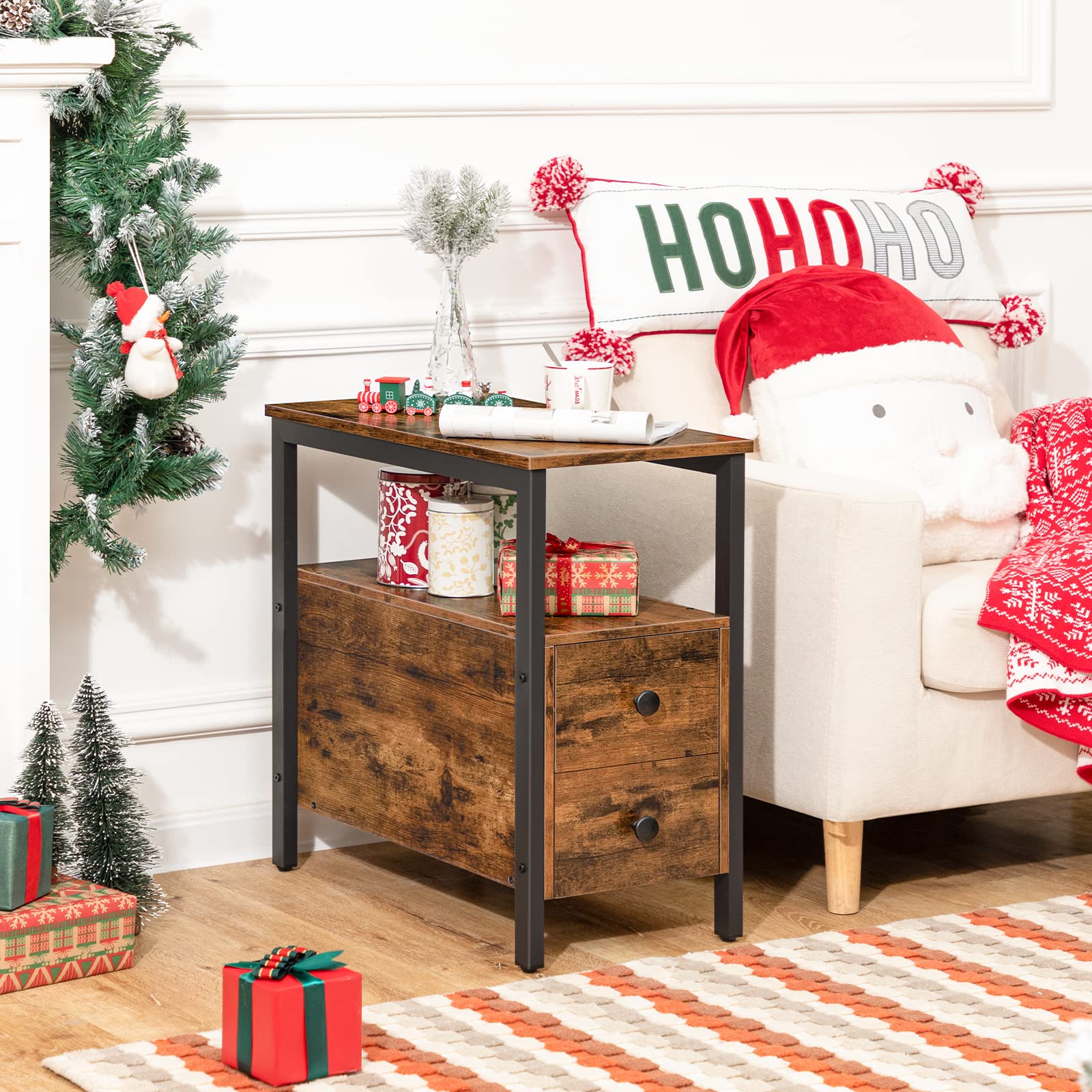 HOOBRO Narrow Side Table, Slim Bedside Table with 2 Drawers, Open Storage Shelf, Industrial Chair Side Lamp End Table for Small Space, Wood Bedroom