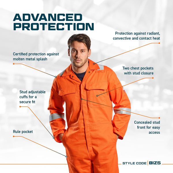 Portwest BIZ5 Men's Hi Vis FR Coveralls - Bizweld Iona Flame Resistant Fireproof Workwear Overalls