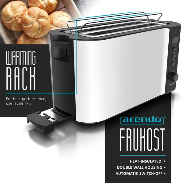 arendo - Frukost 4 slice long slot toaster - double wall housing  with warming rack  6 browning settings  auto bread centring  reheat defrost