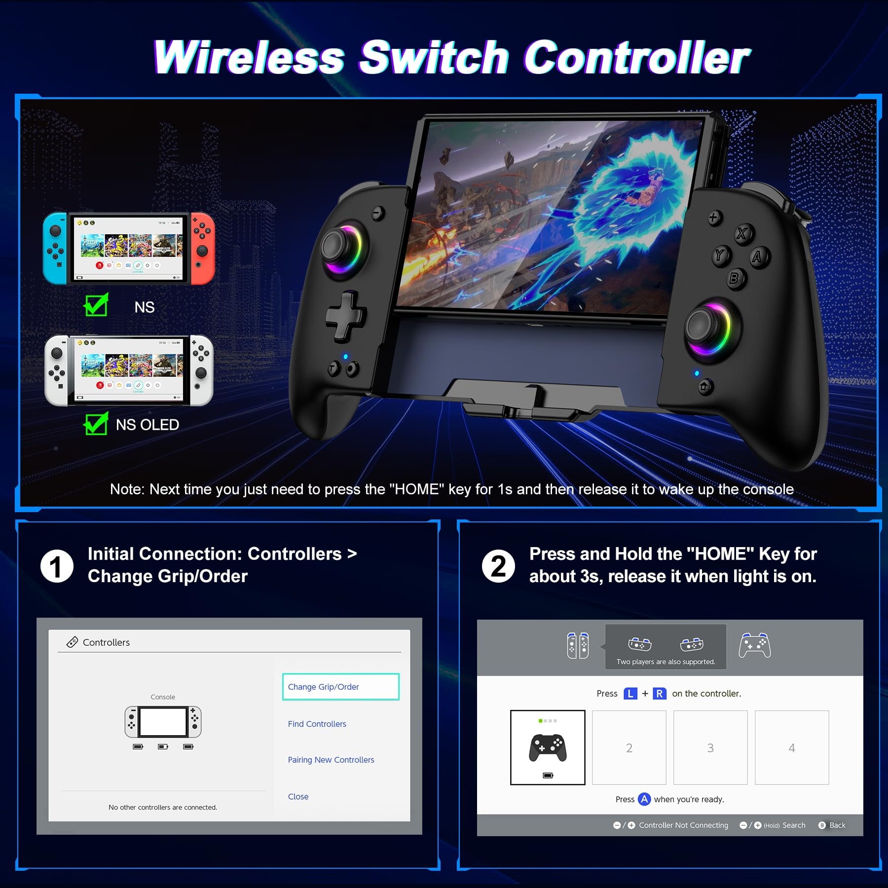 HASACOOL Switch Controller for Nintendo Switch/OLED, Handheld One-Piece Joycon Controllers with RGB Lights, TURBO, Vibration, Back Button