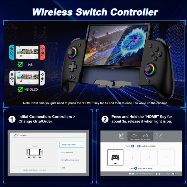 HASACOOL Switch Controller for Nintendo Switch/OLED, Handheld One-Piece Joycon Controllers with RGB Lights, TURBO, Vibration, Back Button