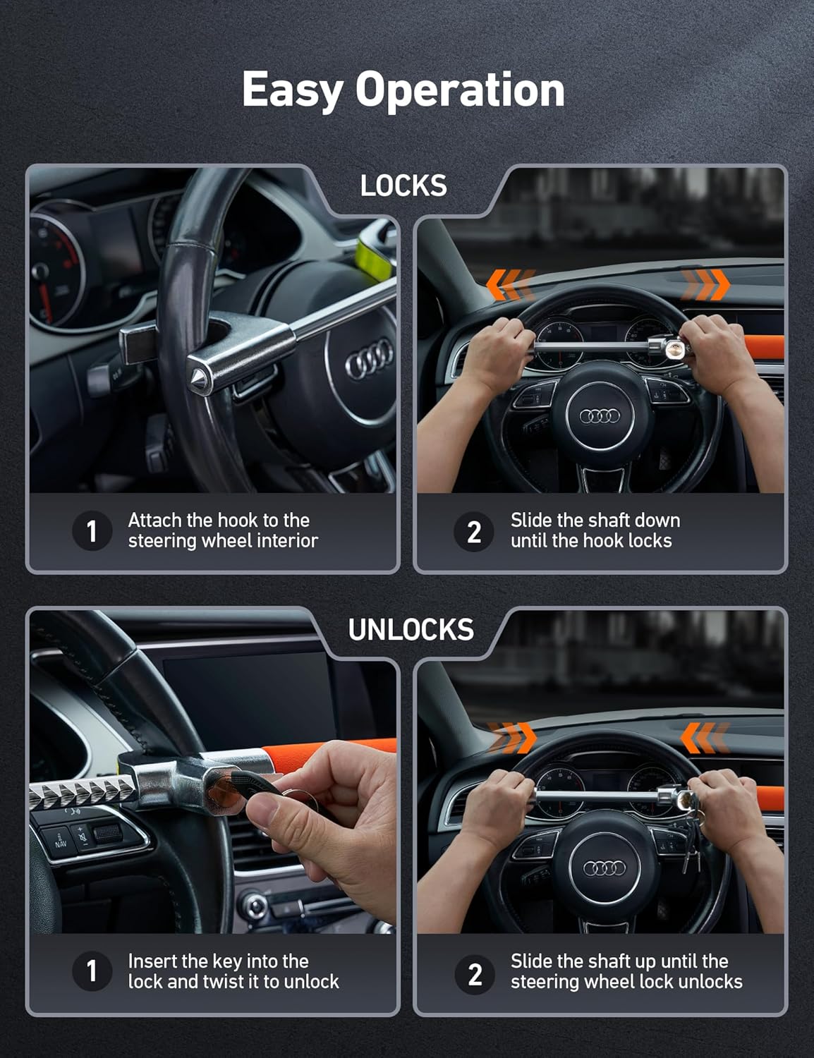 AstroAI Steering Wheel Lock Car Steering Lock Heavy Duty Car Lock Anti-Theft Device with 3 Keys Adjustable Crook Locks for Cars/SUV/Truck with Self Defense Car Accessories