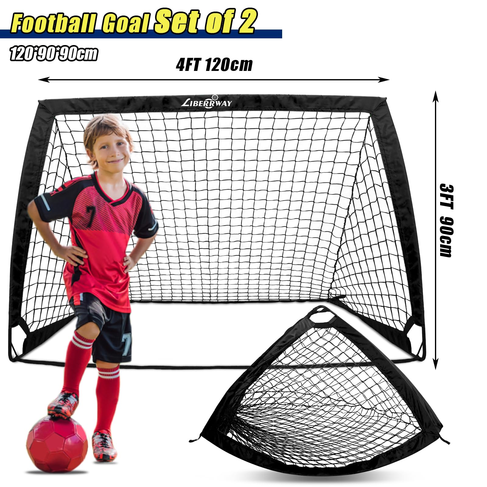 Football Goals for Kids, 4'x 3' Foldable Football Net Set of 2 Post with 6 Football Cones, 8 U-shaped Steel Nails and Carry Bag, Football Training
