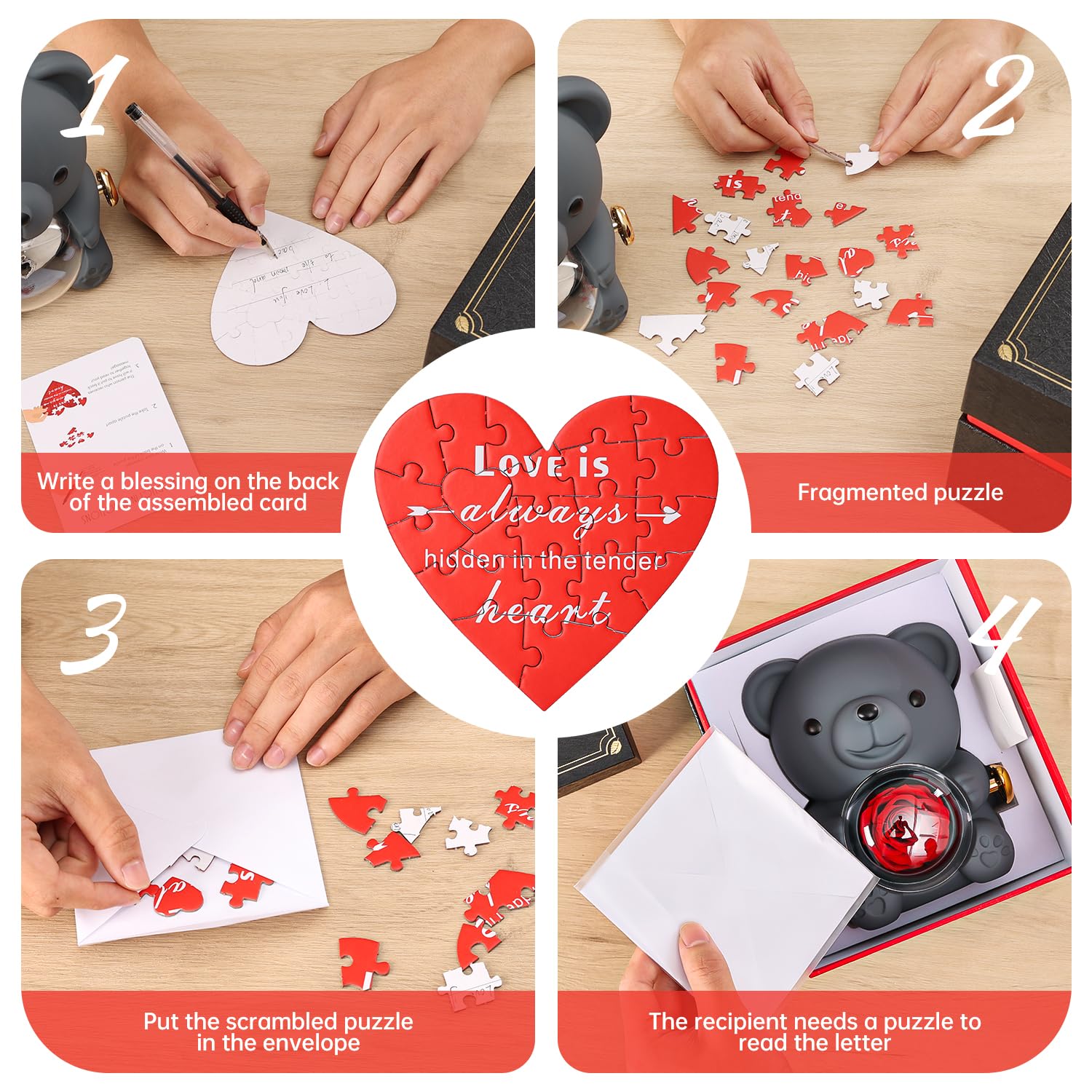 Ariceleo Romantic Teddy Bear with Preserved Rose - Hidden Jewelry Box and Heart-Shaped Necklace - Unique Gift for Her - Valentine's Day, Mother's Day,