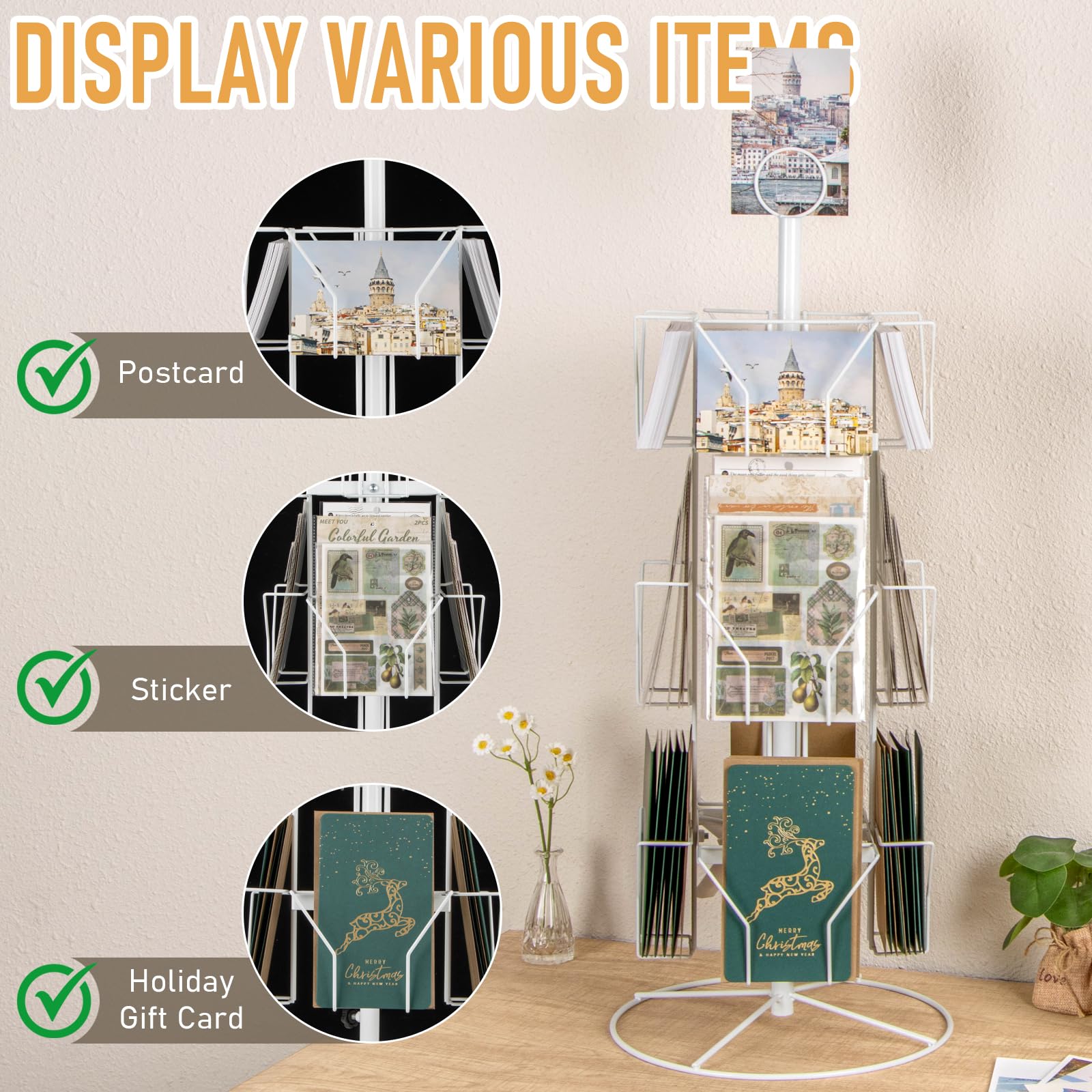 ANBOXIT Greeting Card Display Stand Rotating Rack Holder, for Postcard Sticker Retail, Metal White