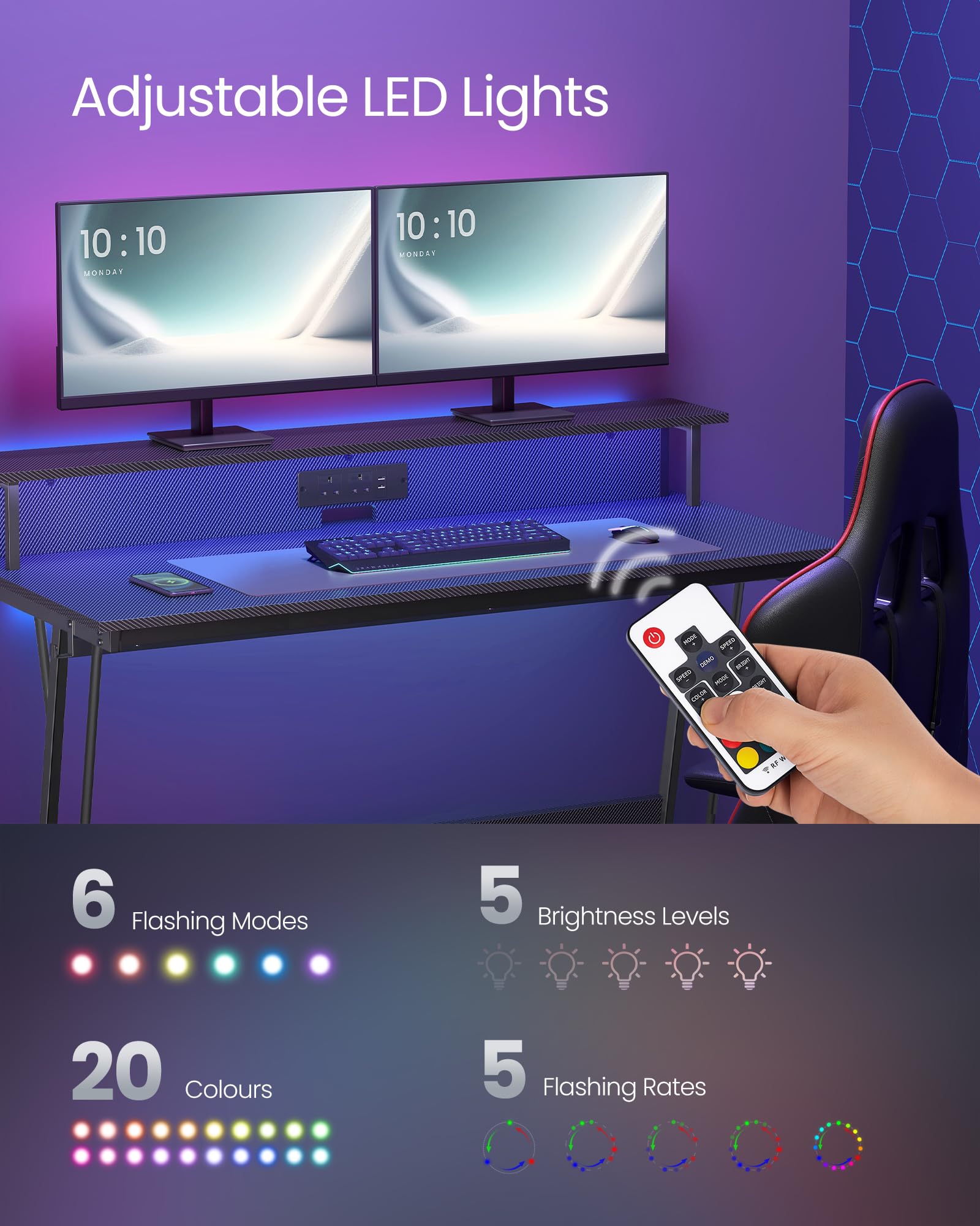 VASAGLE Gaming Desk with LED Lights and Built-In Power Outlets, Computer Desk with Monitor Shelf, Gaming Table for 2 Monitors, Office Desk, for Bedroom, 60 x 120 x 76 cm, Carbon Black LWD292B02