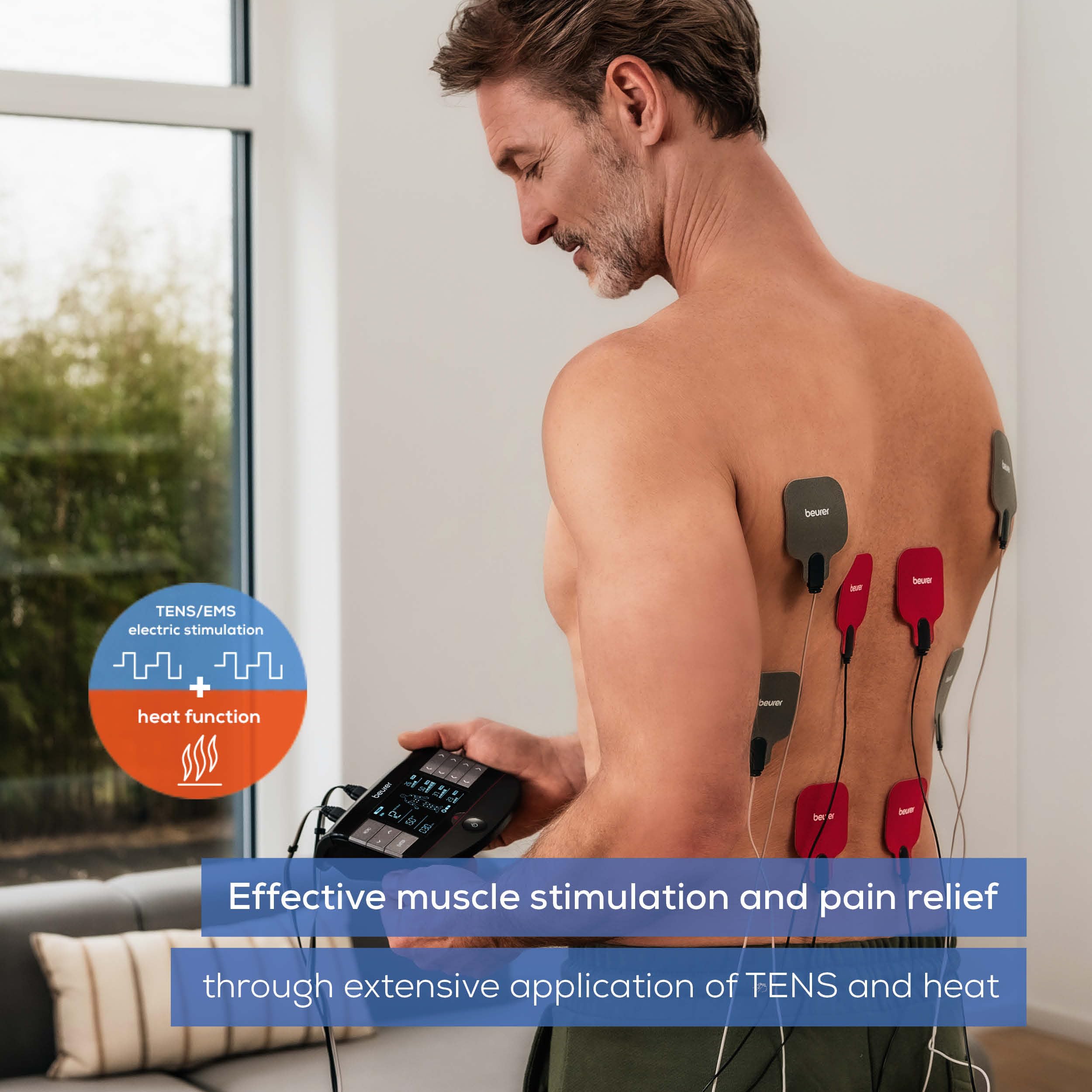 Beurer EM59 Digital TENS/EMS Device with Heat, 4-in-1 stimulation device for pain therapy, muscle stimulation, massage and heat therapy, 4 electrodes, 70 programmes, 50 intensity levels
