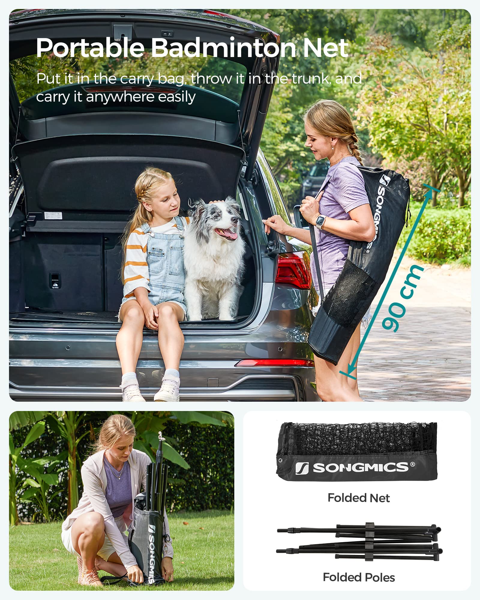 SONGMICS 3 m Badminton Net, Volleyball Net, Adjustable Poles Height, Portable Set for Tennis