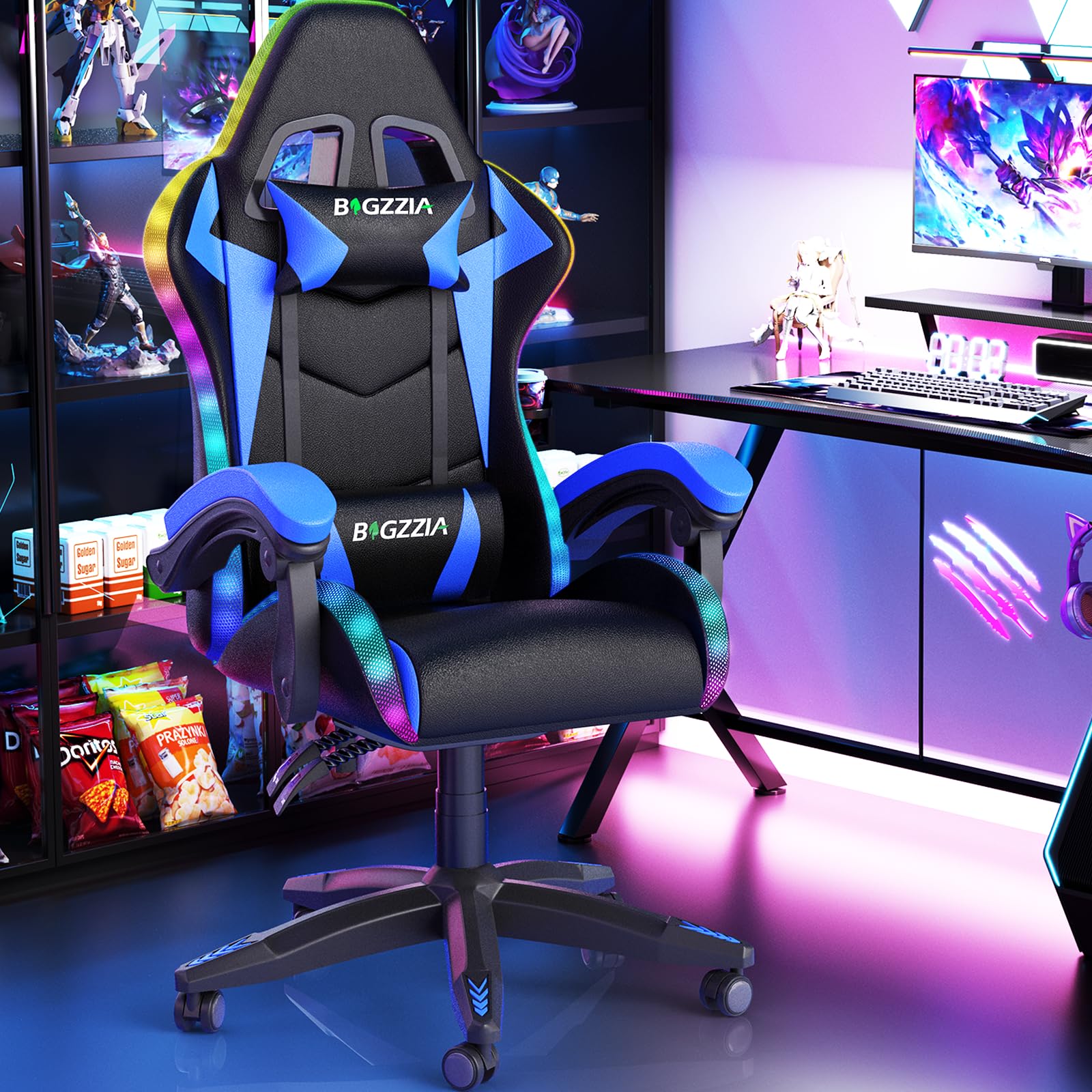 bigzzia RGB Gaming Chair with LED Lights and Ergonomic Computer Chair Reclining PU Leather High Back Video Game Chair with Headrest Adjustable Lumbar Support Linkage Armrest for Adults (Black/Grey)