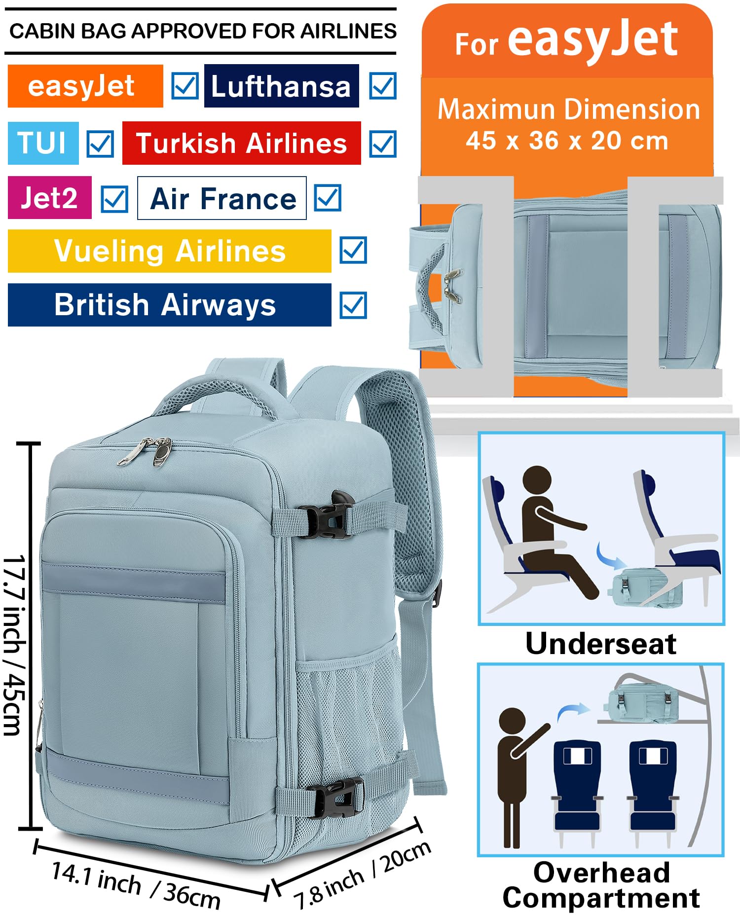 KLOSTAIN for Easyjet Cabin Bag 45x36x20 Travel Backpack Hand Luggage Carry-ons Bag Laptop Backpack Ruscksack for Airplanes Flight New Easyjet Underseat Cabin Bags Fit 14" Laptop Navy