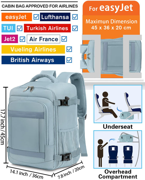 KLOSTAIN for Easyjet Cabin Bag 45x36x20 Travel Backpack Hand Luggage Carry-ons Bag Laptop Backpack Ruscksack for Airplanes Flight New Easyjet Underseat Cabin Bags Fit 14" Laptop Navy